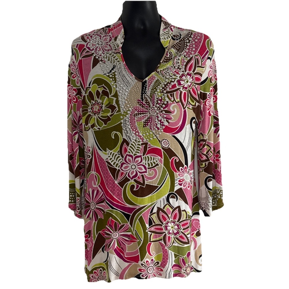 V Christina Sz L Beaded Multicolored 3/4 Length Bell Sleeves Dress Top Slitsides